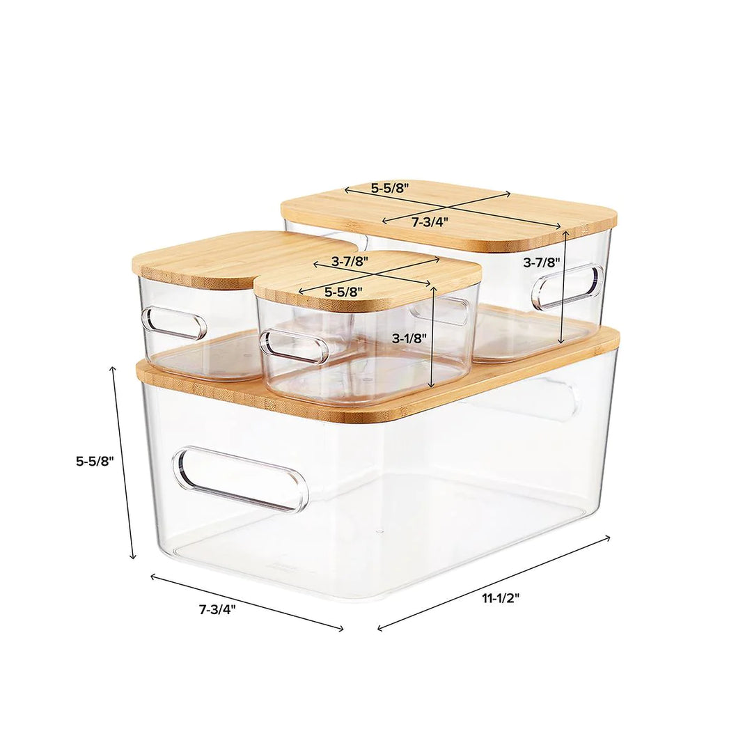 Smart Store - Paquet de 4 bacs transparent avec couvercles en bambou