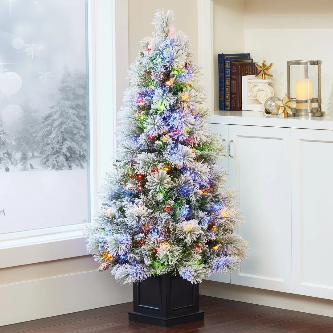 Pre-Lit Glitter Flocked Artificial Potted Christmas Tree