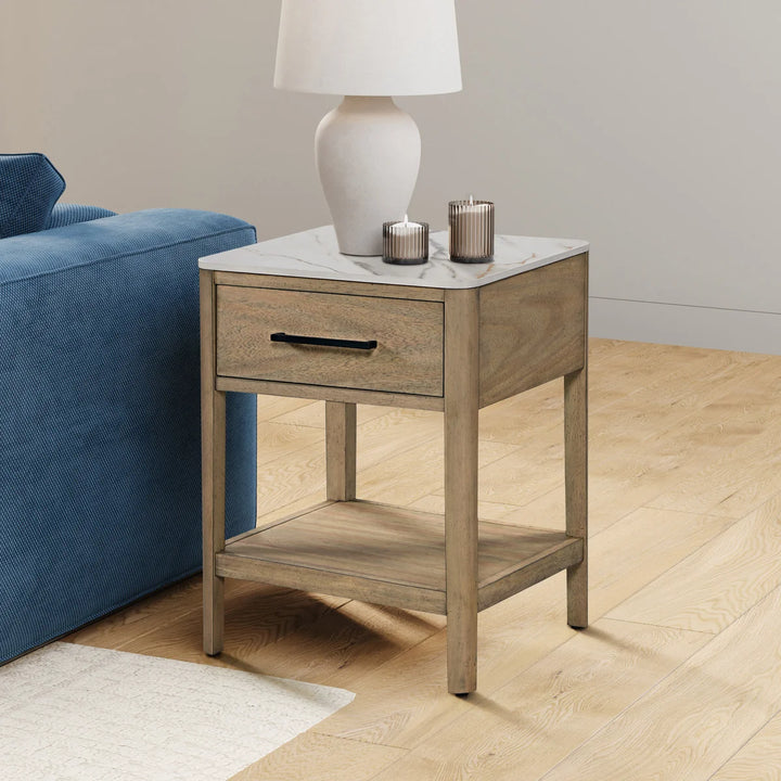Loxley Rowe Mindi End Table with Stone Tabletop and Drawer
