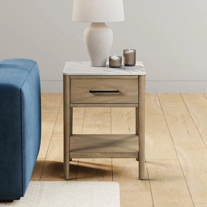 Loxley Rowe Mindi End Table with Stone Tabletop and Drawer